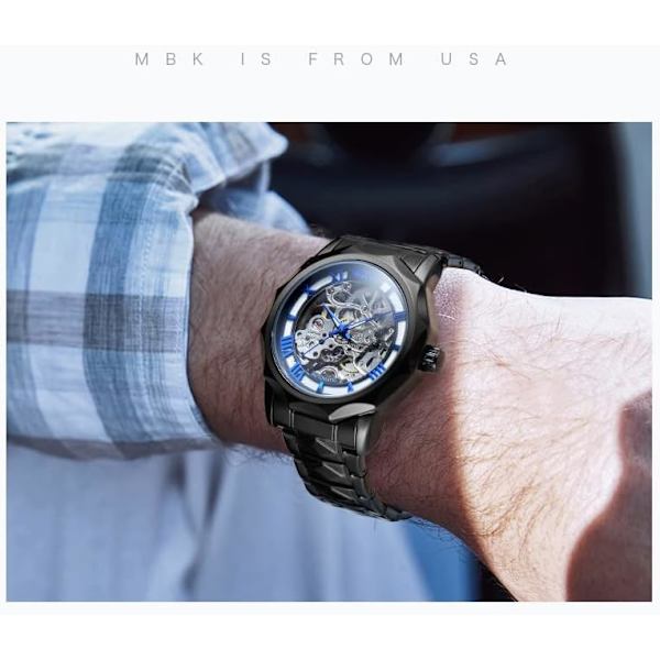 Automatisk mekanisk dodekagontklocka för män, skelett romerska siffror, äkta läderarmband, tourbillonarmbandsur