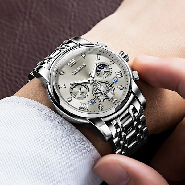 Herr Chronograph Rostfritt Stål Stor Urtavla Vattentät Klocka (Silver)