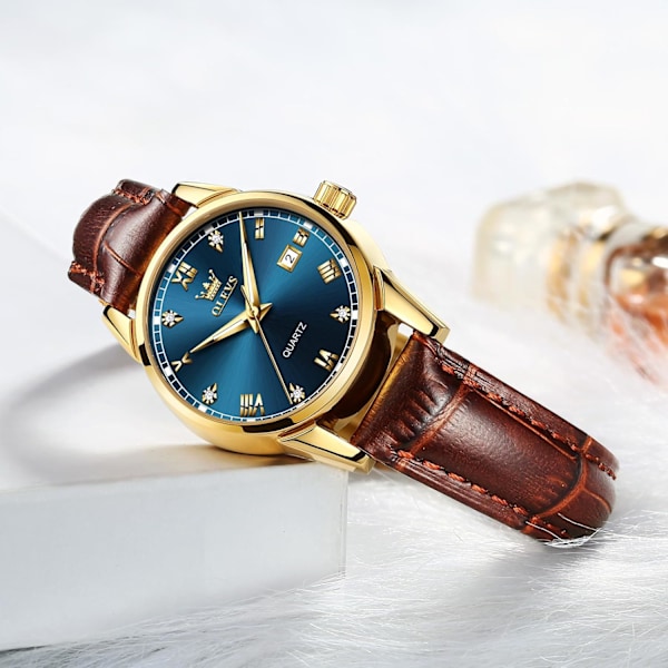 Damklocka för vardagsbruk, litet läderarmband, analog kvartsklocka för damer med kalenderdatum, klassiska presenter till henne