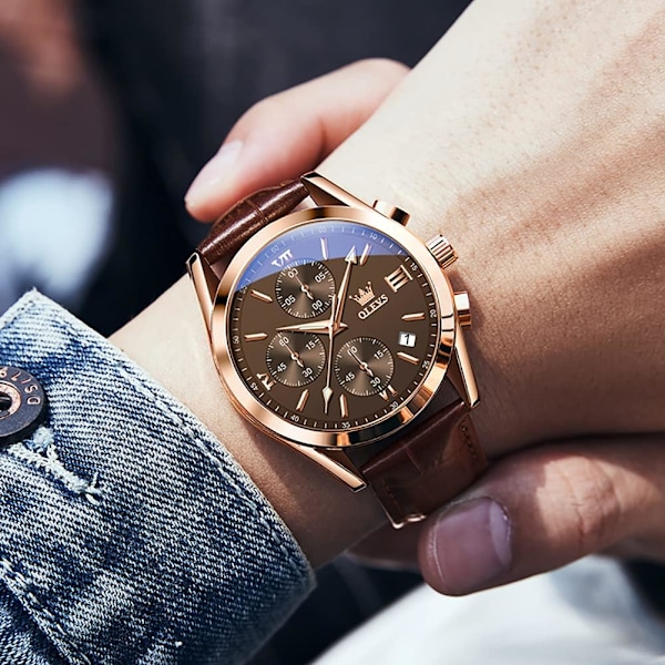 Herrklocka i Läder Stor Urtavla Vattentät Kvarts Chronograph med Datum (Brun)