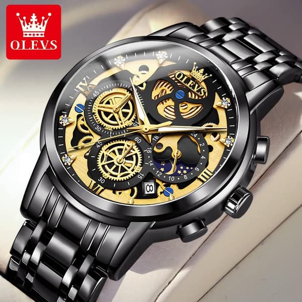 Herre Diamond Chronograf Ur Multifunktionel Dato Vandtæt Rustfrit Stål Ur (Sort)