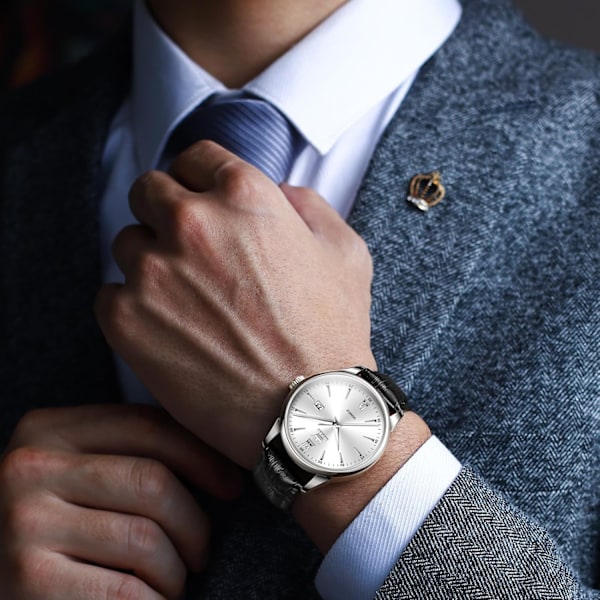 Herrklocka med läderarmband, vattentät, datum, enkel design med romerska siffror (Brun)