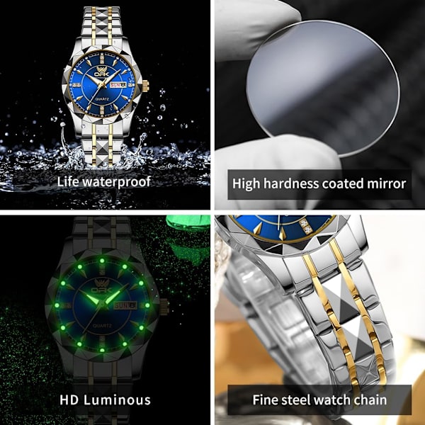Businessklockor för kvinnor Rostfritt stål Klänning Damarmbandsur Datum Luminous Quartz Damklocka Vattentät Elegant Present för kvinnor