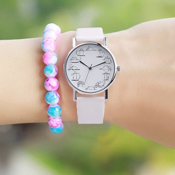 Ny Design Lat Katt Tecknad Tryckt Läderband Analog Legering Kvarts Armbandsur