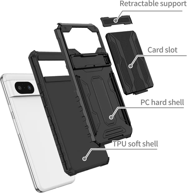 Mobilskal - Google Pixel 8 Pro - Stöttåligt - Dold Ställfunktion - Korthållare Black Google Pixel 8 Pro