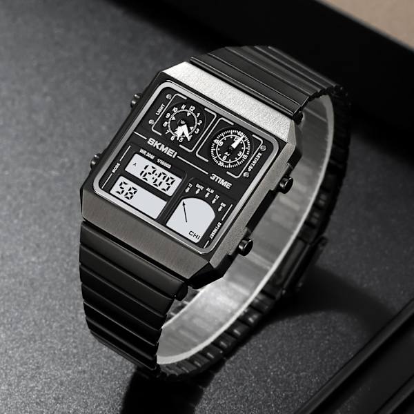 Multifunktionella Fyrkantiga Herrklockor Dubbel Display Sportklocka för Män Termometer Datum Rostfritt Stål Armbandsur Alarm Business Manlig Quartzklocka