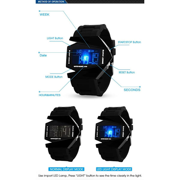 Kreativ LED-klocka för män, flygplansform, multifunktionell klocka för män, datum, silikonarmband, vattentät, avslappnad unisexarmbandsur