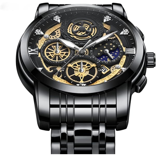 Herr Hollow Klockor Diamant Månstjärnor Kalender Självlysande Rostfritt Stål Armband Quartz Vattentät Business Herr Armbandsur