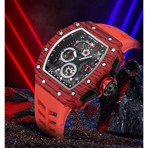 Herrklocka Kvarts Skelett Hollow Herr Sportklocka Kronograf Silikon Analog Armbandsur för Män