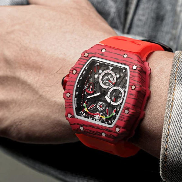 Herrklocka Kvarts Skelett Hollow Herr Sportklocka Kronograf Silikon Analog Armbandsur för Män