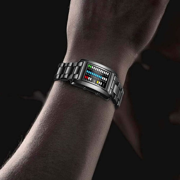 Nytt Populärt Märke LED Display Lyxig Digital Herrklocka Binär Tid Sport Armé Armbandsur Svart&Silver