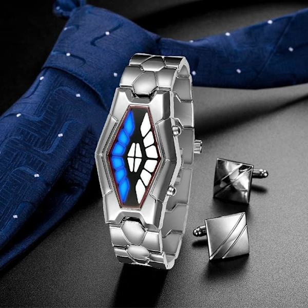 FANMIS Kreativa Mode Blå LED Binära Digitala Klockor Herr Rostfritt Stål Silver Vattentät LED Bakgrundsbelysning Armband Pläterade Klockor