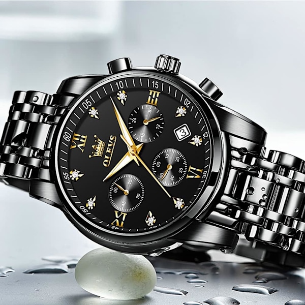 herrklockor lyx business rostfritt stål Chronograph Moon Phase vattentät datum analog kvartsklockor för män, silver/blå/svart/guld urtavla