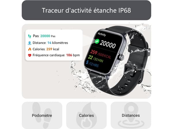 1,8 tommer Smartwatch med Bluetooth-opkaldsfunktion IP68 Vandtæt til Android iOS Sort