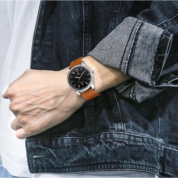 Mekanisk herrklocka med manuell uppdragning, analog sportklocka med läderarmband