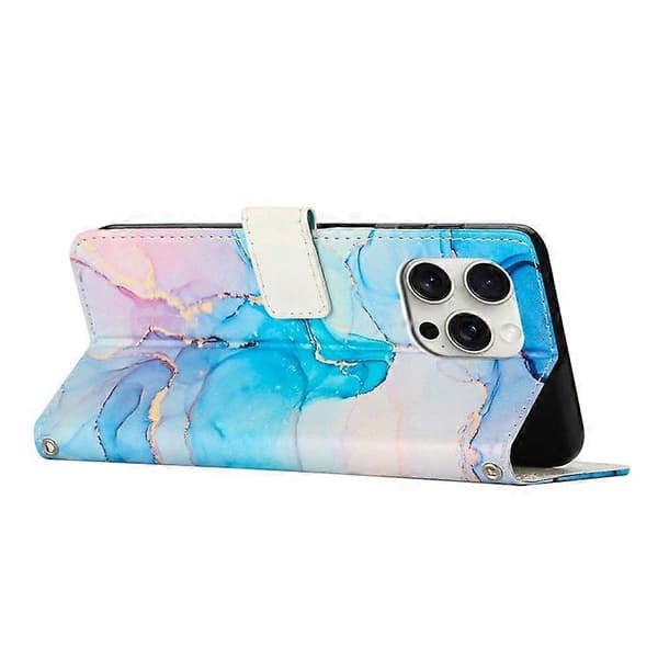 För iPhone 16 Pro Ställfodral Marmormönster PU Läder Plånboksfodral med Handledsrem