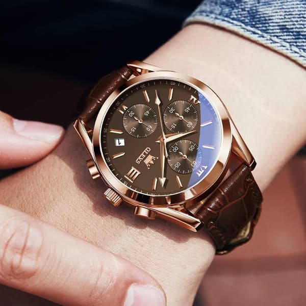 Herr Chronograph Lysande Visare Läderrem Kvarts Rostfritt Stål Vattentät Klocka (Kaffe)