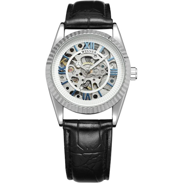 Automatisk skelettklocka för män med svart läderarmband WRG8038M3S1