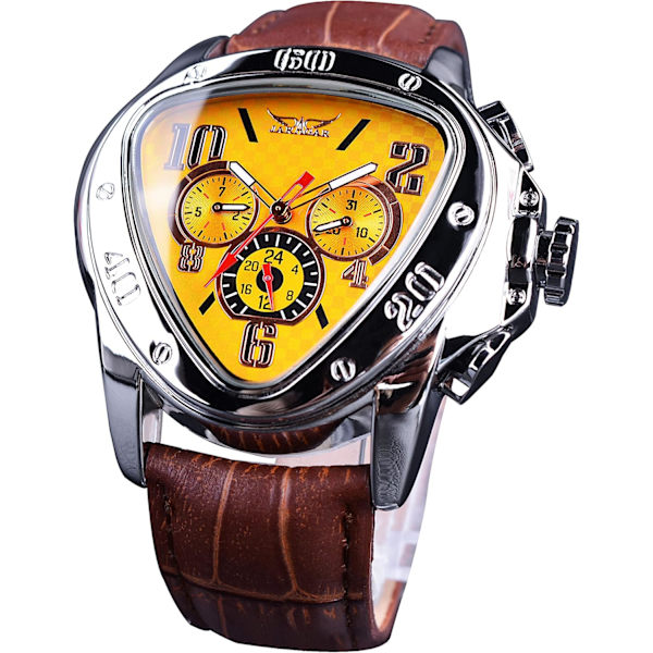 Winner Fashion Mekanisk Armbandsur Triangel Racing Urtavla, Vattentät Gyllene Skeletturtavla Automatisk Rörelse Läderdesign Mekanisk Klocka