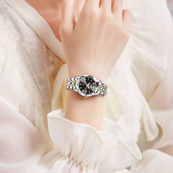 Silver damklocka Analog kvarts diamant mode elegant klänning damklocka rostfritt stål tvåfärgad daglig armbandsur vattentät självlysande