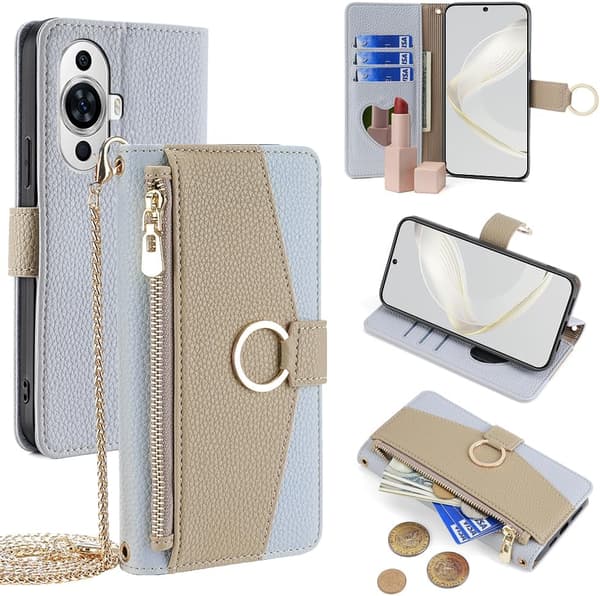 Wallet Case - Nova 12 lite/Active/11 - PU Læder - Skulderrem - Stødsikkert Stativ Blue Nova 12 lite/nova 12 Active/NOVA 11