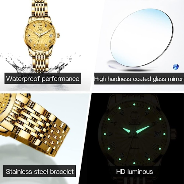 Automatisk damklocka diamant mekanisk självlindande mode elegant klänningsklocka lysande vattentät rostfritt stål datum