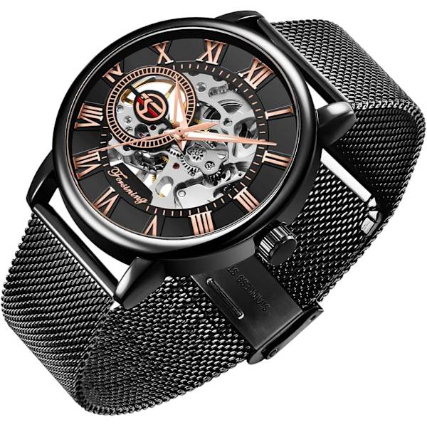 Skelettklocka för män Ihålig Mekanisk Klocka Handuppdrag Mesharmband Självlysande Klassisk Romersk Siffra Casual Armbandsur för Män