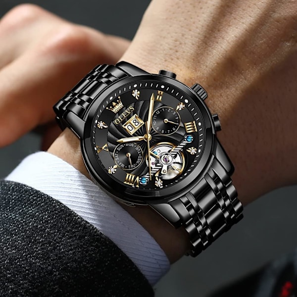 Herrklockor skelett automatisk mekanisk diamant självuppdragande guld lyx armbandsur lysande vattentät affärs dressklocka