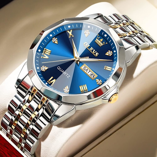 Herrklockor Business Dress Diamant Analog Quartz Datum Lyx Armbandsur Casual Rostfritt Stål Vattentät Självlysande Tvåfärgad Klocka för Män