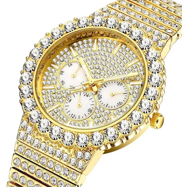Hip Hop Herrklocka Bling Lyxig Stil Full Diamant Rostfritt Stål Datum Vecka Quartz Analog Display Vattentät Herrarmbandsur