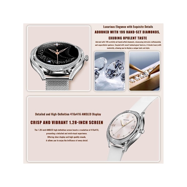 Smartklockor för Kvinnor Svara/Ring Samtal för Android Ios Telefoner 1.28 Amoled Full Touch Skärm Bling Smartwatch Dam