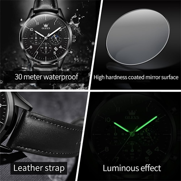 herrklockor svart läder analog kvarts kronograf lyx mode affärer lysande vattentät månfas datum armbandsur