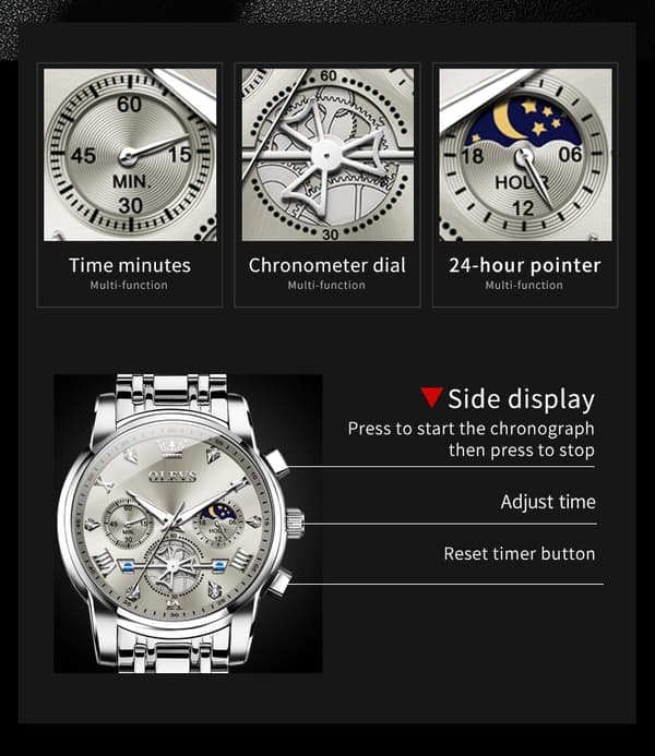 Herre Chronograph Rustfrit Stål Stort Ur Vandtæt Ur (Sølvgrå)