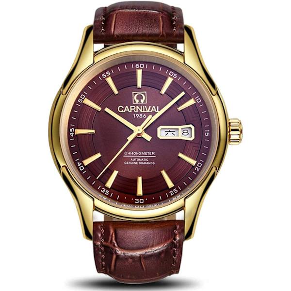Automatiska mekaniska herrklockor med läderarmband, kalender, analog, för vardag och affärer