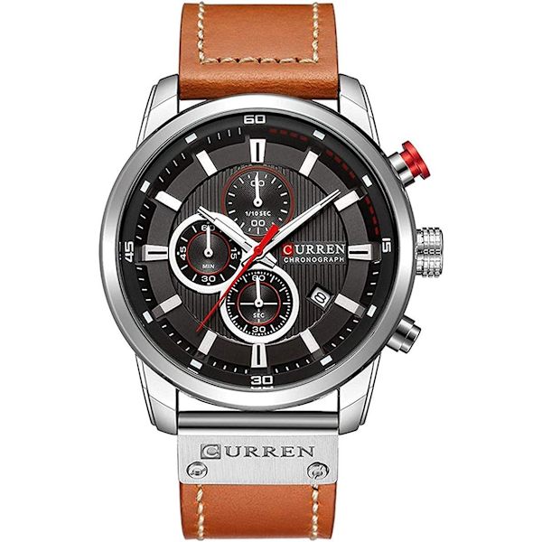 Herr Sport Chronograf Kvarts Klocka Brunt Läderarmband Datum 30M Vattentät Herr Armbandsur