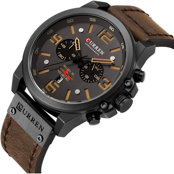 Herr Sport Chronograf Kvarts Klocka Brunt Läderarmband Datum 30M Vattentät Herr Armbandsur