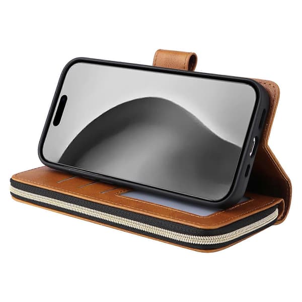 Läderfodral med dragkedja för iPhone 16 Pro Max, telefonfodral med 9 kortfack