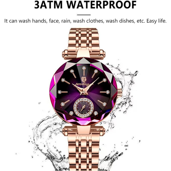 Lyxig damklocka med diamanturtavla, elegant klocka för kvinnor, läder, kvarts, damarmbandsur, vattentät, analog display, rostfritt stål