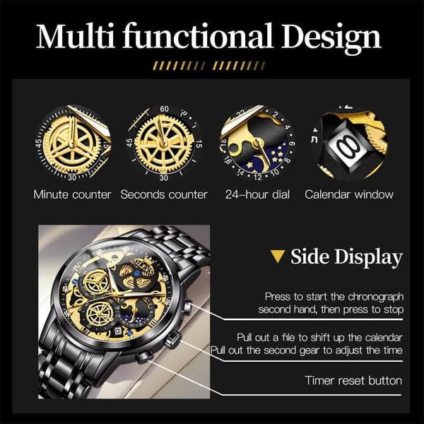 Herre Diamant Chronograf Ur Multifunktions Dato Vandtæt Rustfrit Stål Ur (Guld)