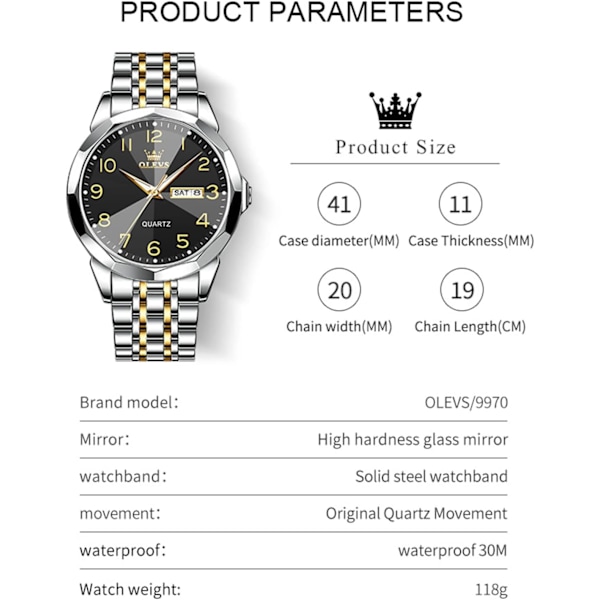 Klocka för män Lyxig Kostym Analog Kvarts Rostfritt Stål Vattentät Självlysande Datum Diamant Business Tvåfärgad Casual Armbandsur