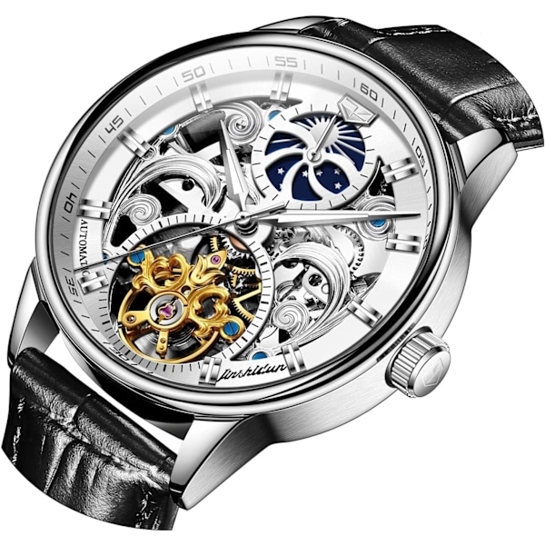 Skelettklocka för män Lyxig klänning svart läder silver guld Tourbillon Månfas automatisk mekanisk självuppdragande vattentät lysande armbandsur...