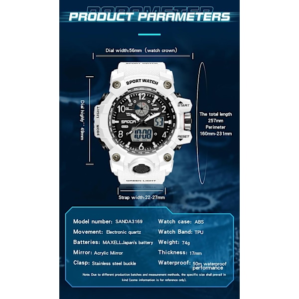 Stilren Digital Analog Klocka, Stor Urtavla 2.2\", 50m Vattentålig, Dubbla Tidszoner, Alarm, LED-Bakgrundsbelysning, Stoppur, PU-Armband