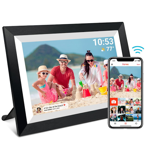 VEANXIN 10,1-tums digital fotoram, 1280x800 IPS LCD-pekskärm, inbyggt 32 GB minne, svart trä