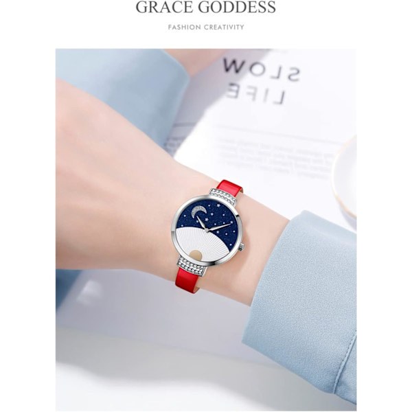 Elegant Läderklocka för Kvinnor Stjärnklar Himmel Fläktmönstrad Urtavla Design Vattentäta Dam Kristall Quartz Armbandsur