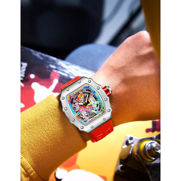 Herrklocka Tonneau Lysande Visare Silikonarmband Graffiti Urtavla Analog Display Kalender Kvarts Vattentät Kreativ Lyxig Armbandsur för Män
