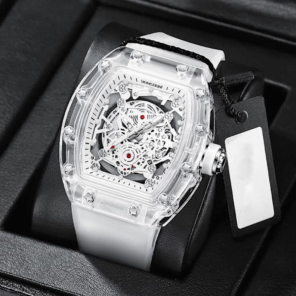 Urholkade Män Klockor Tonneau Transparent Analog Display Silikonarmband Kalender Quartz Vattentät Trend Herrarmbandsur