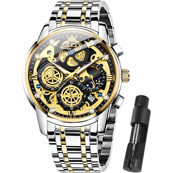 Herr Diamant Chronograf Klocka Multifunktion Datum Vattentät Rostfritt Stål Klocka (Silver)