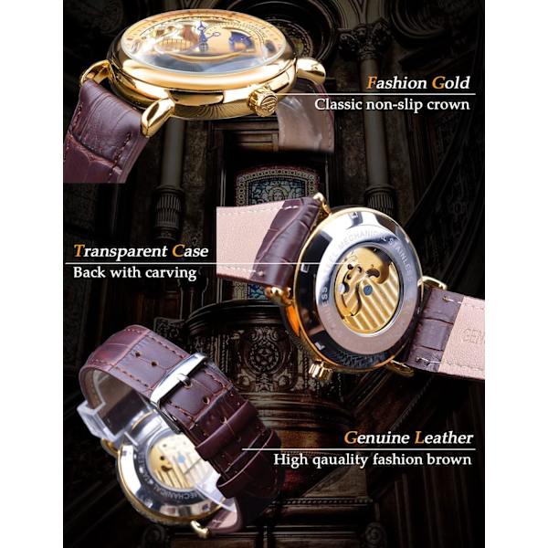 Lyxig herrklocka med månfas & Tourbillon, Retro Skelett Hollow Självuppdragande Mekanisk Armbandsur, Läderrem Automatisk Rörelse Herrklockor