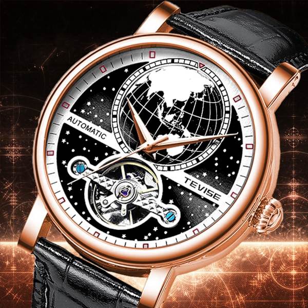 Herr Tourbillon Klocka Mekanisk Självuppdragande Klockor Lyxig Stjärnklar Jorddesign Läderarmband Blå Svart Självlysande Stor Urtavla Automatisk Armbandsur