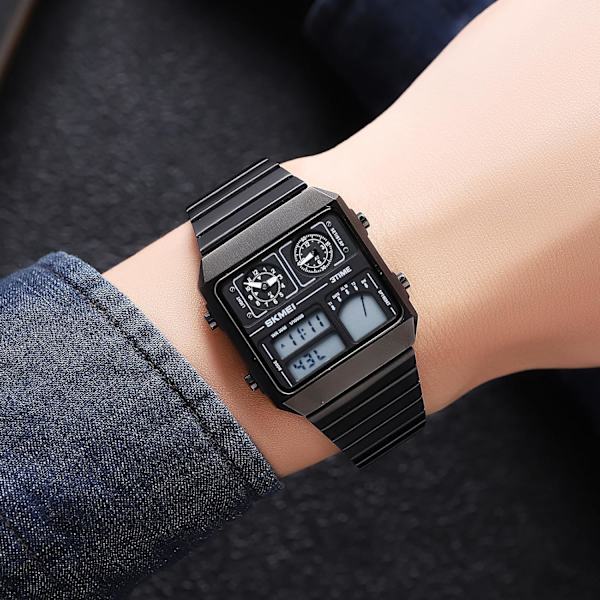 Multifunktionella Fyrkantiga Herrklockor Dubbel Display Sportklocka för Män Termometer Datum Rostfritt Stål Armbandsur Alarm Business Manlig Quartzklocka
